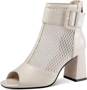TinaCus Women's Open Toe Genuine Leather & Mesh Handmade Buckle Mid Block Heels Zip Up Ankle Boots
