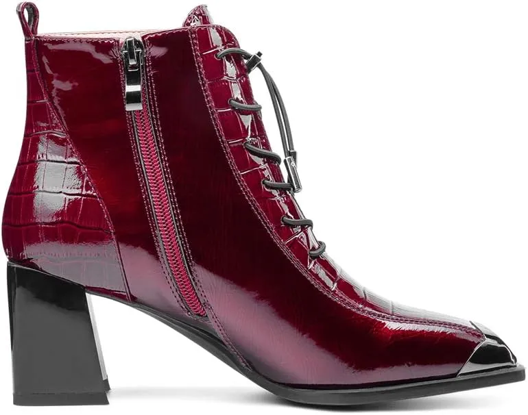 TinaCus Women's Patent Leather Handmade Square Cap-Toe Mid Chunky Heel Side Zipper Ankle Boots with Band
