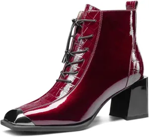TinaCus Women's Patent Leather Handmade Square Cap-Toe Mid Chunky Heel Side Zipper Ankle Boots with Band