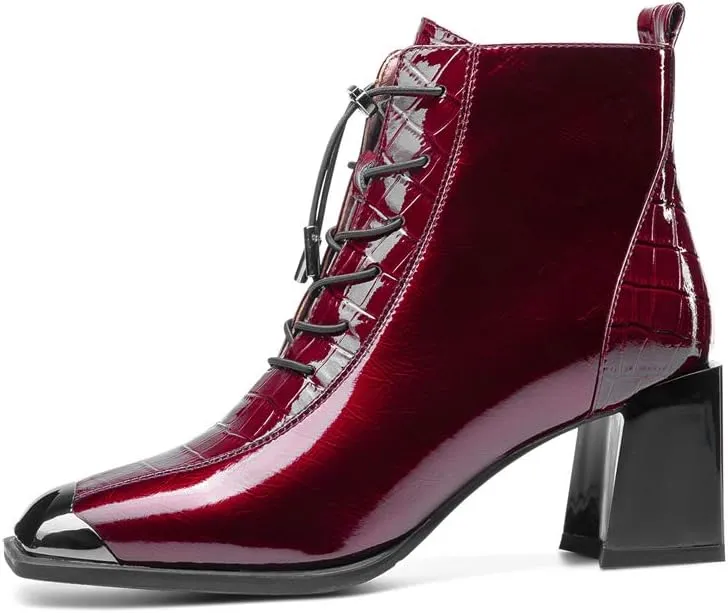 TinaCus Women's Patent Leather Handmade Square Cap-Toe Mid Chunky Heel Side Zipper Ankle Boots with Band