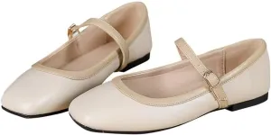 TN TANGNEST Ballet Flats for Women Soft Leather Ankle Buckle Flats Comfortable Square Toe Mary Jane Flats