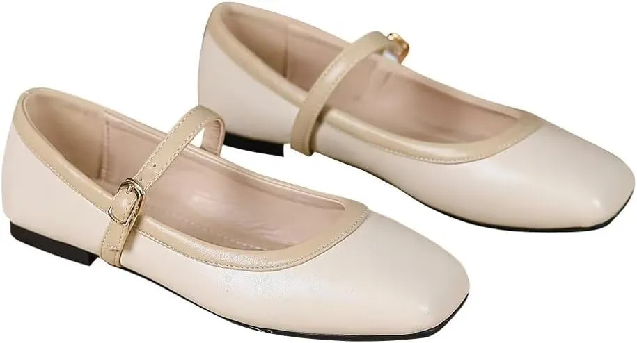 TN TANGNEST Ballet Flats for Women Soft Leather Ankle Buckle Flats Comfortable Square Toe Mary Jane Flats