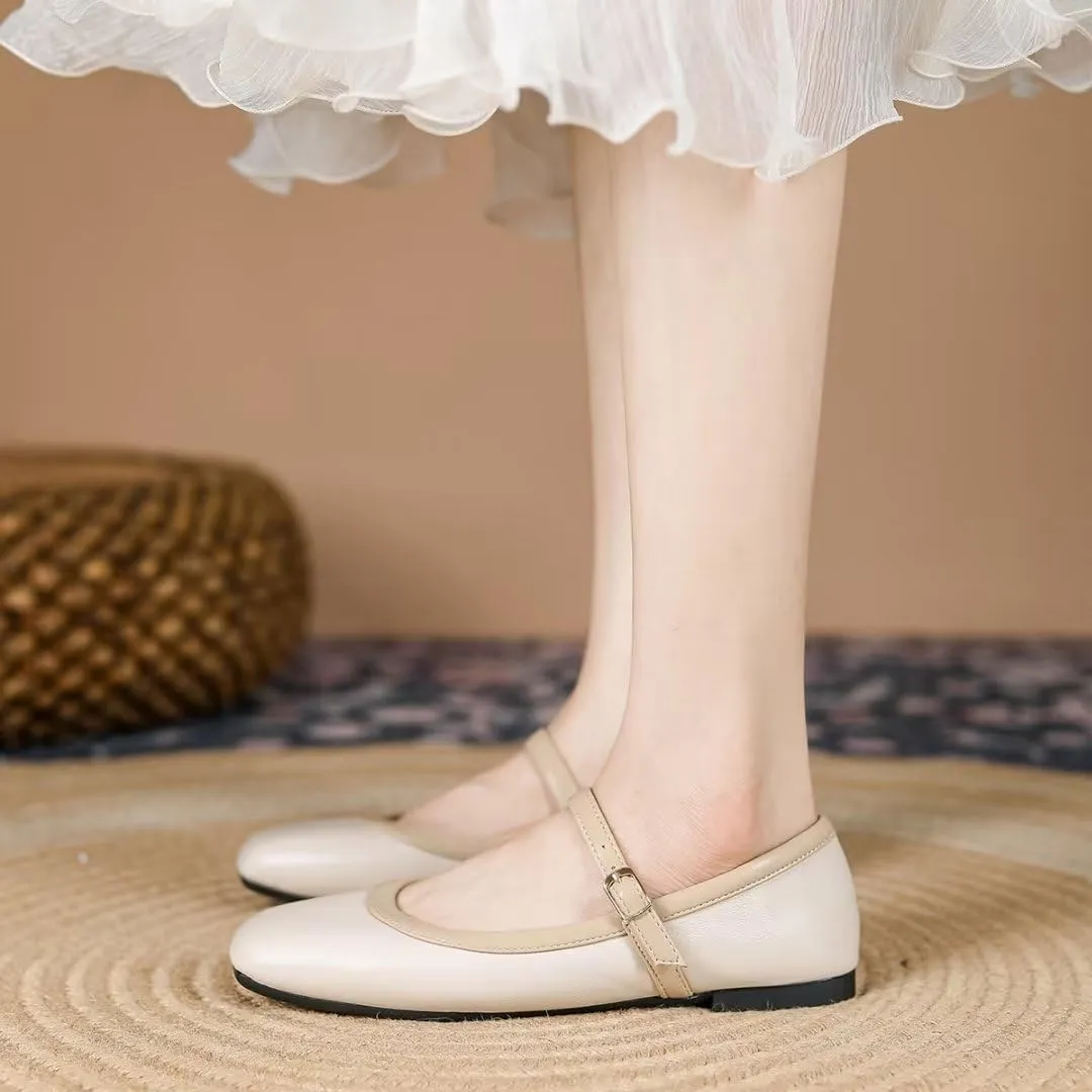 TN TANGNEST Ballet Flats for Women Soft Leather Ankle Buckle Flats Comfortable Square Toe Mary Jane Flats