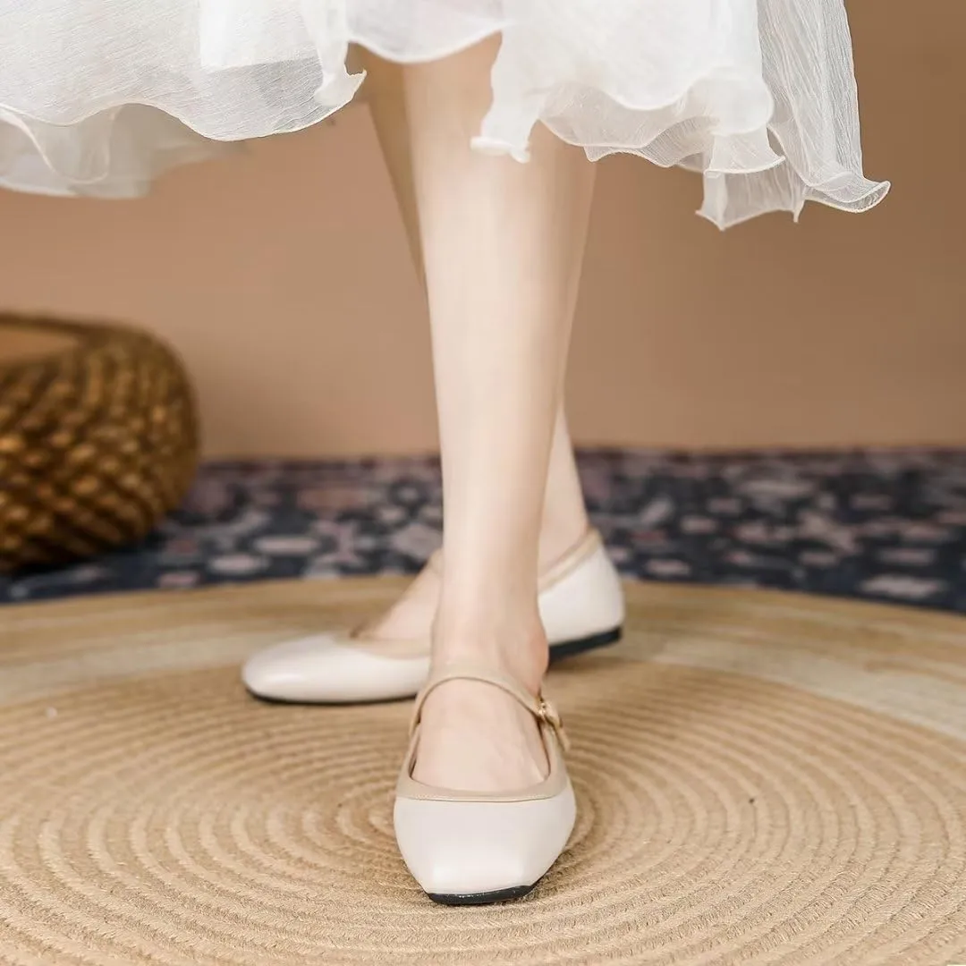 TN TANGNEST Ballet Flats for Women Soft Leather Ankle Buckle Flats Comfortable Square Toe Mary Jane Flats