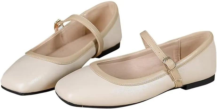TN TANGNEST Ballet Flats for Women Soft Leather Ankle Buckle Flats Comfortable Square Toe Mary Jane Flats
