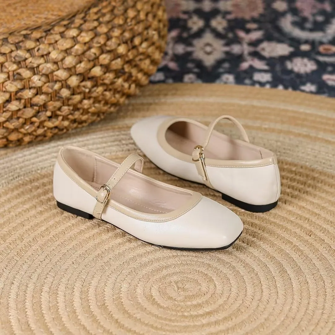 TN TANGNEST Ballet Flats for Women Soft Leather Ankle Buckle Flats Comfortable Square Toe Mary Jane Flats