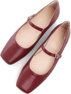 TN TANGNEST Leather Flats for Women Comfortable Square Toe Slip On Flats Soft Work Flats Retro Mary Jane Flats Wine red 38(7) 2