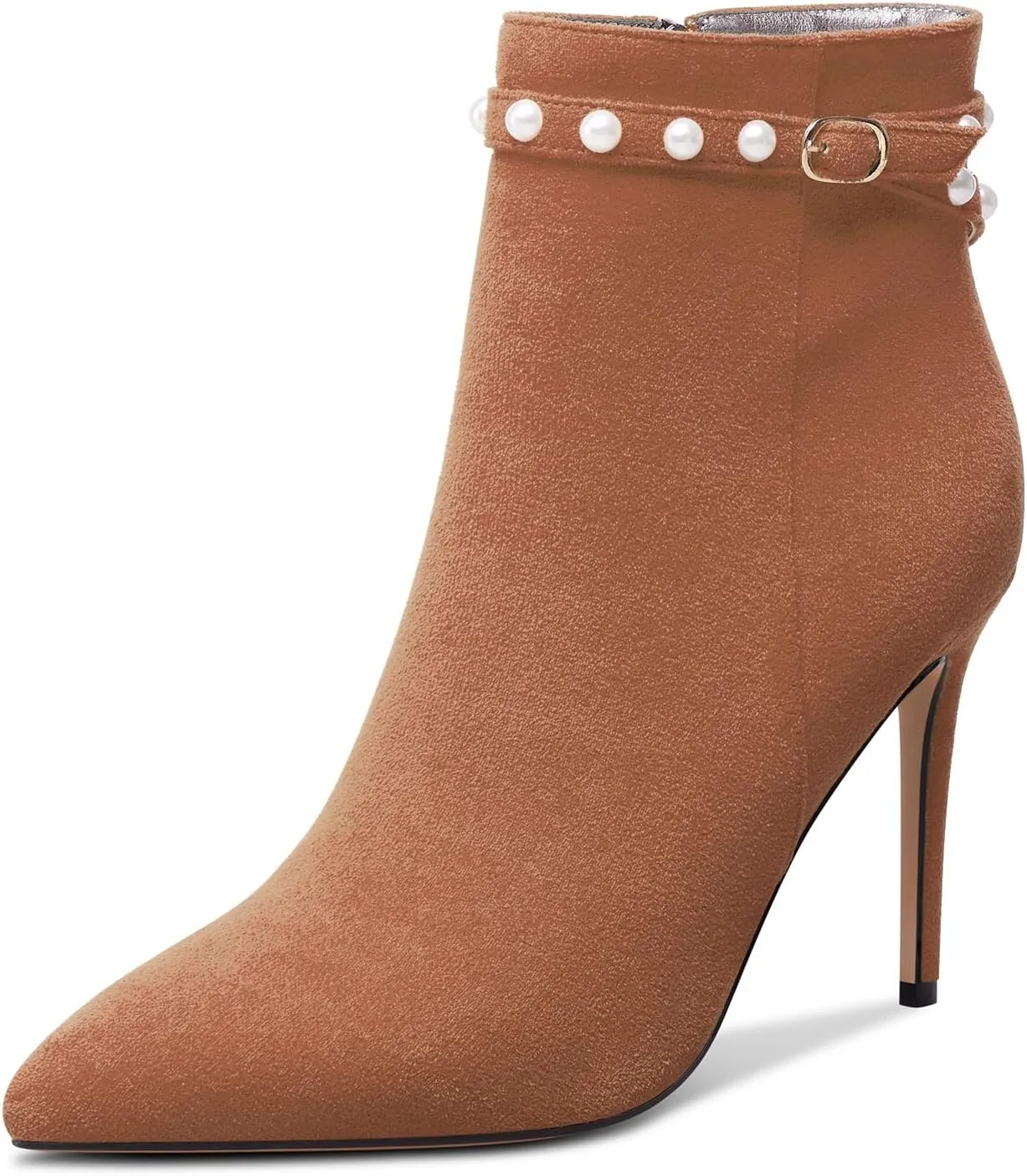 TNYNFBEB Womens Stiletto High Heel Pointed Toe Ankle Boots Short Bootie Boots Zipper Pearls Prom Dress Winter 3.9 Inches Heels