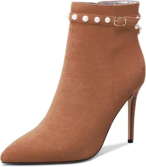 TNYNFBEB Womens Stiletto High Heel Pointed Toe Ankle Boots Short Bootie Boots Zipper Pearls Prom Dress Winter 3.9 Inches Heels