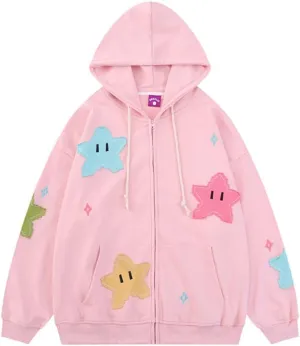 Tooe Women's Preppy Star Zip Up Hoodies Y2K Graphic Vintage Jacket Harajuku Baggy Sweatshirts Alt Long Sleeve Clothes