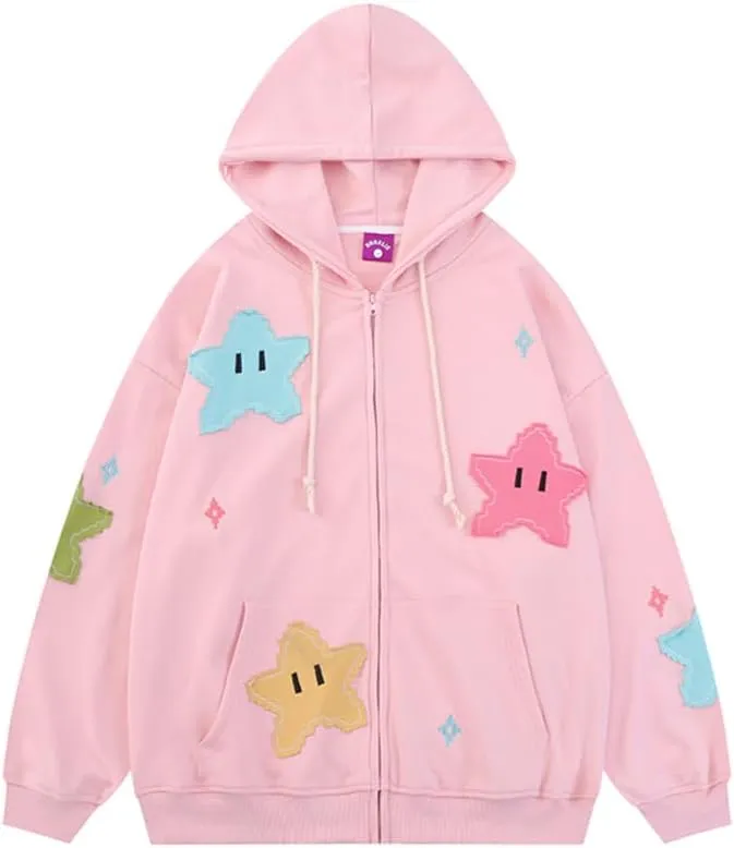 Tooe Women's Preppy Star Zip Up Hoodies Y2K Graphic Vintage Jacket Harajuku Baggy Sweatshirts Alt Long Sleeve Clothes