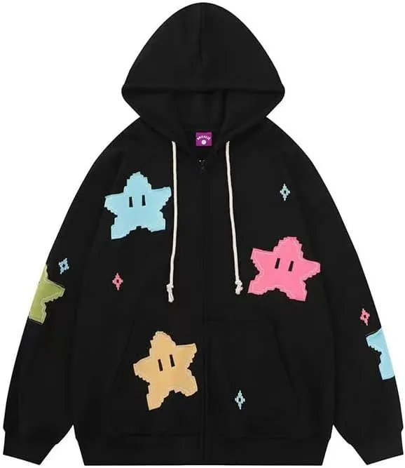 Tooe Women's Preppy Star Zip Up Hoodies Y2K Graphic Vintage Jacket Harajuku Baggy Sweatshirts Alt Long Sleeve Clothes