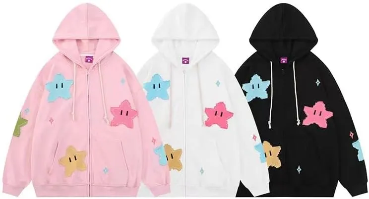 Tooe Women's Preppy Star Zip Up Hoodies Y2K Graphic Vintage Jacket Harajuku Baggy Sweatshirts Alt Long Sleeve Clothes