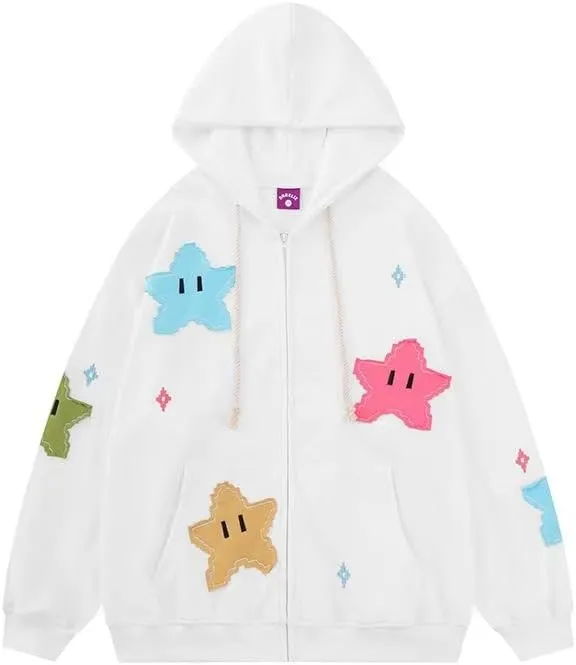 Tooe Women's Preppy Star Zip Up Hoodies Y2K Graphic Vintage Jacket Harajuku Baggy Sweatshirts Alt Long Sleeve Clothes