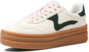 Tscoyuki Platform Women's Fashion Sneakers Casual Spring Shoes Non Slip Lightweight Walking Shoes Lace-Up Thick Sole Chunky Tennis Shoe Beige Green