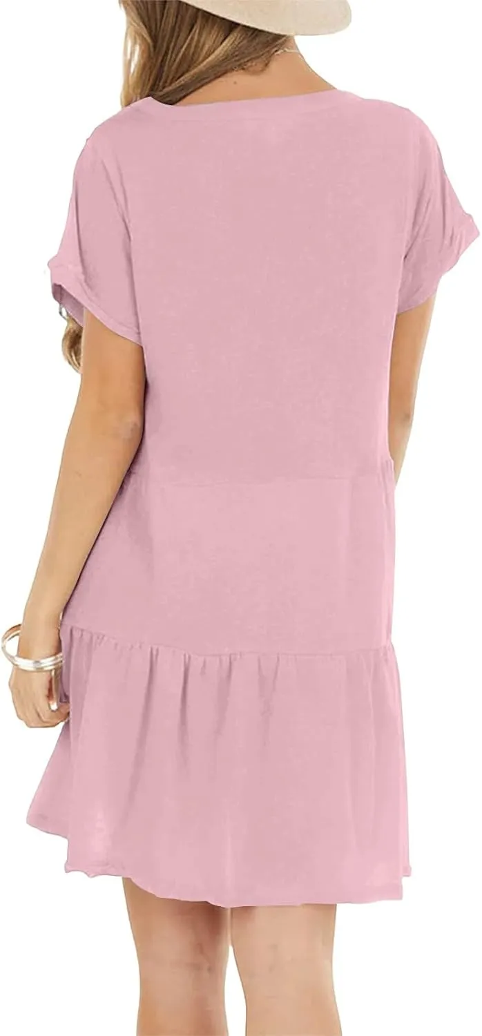 Tshirt Dress Women Summer Loose Short Sleeve Ruffle Drop Waist Short Dress with Pockets Cute Sunday Dresses