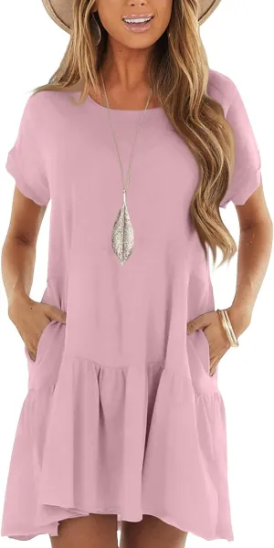 Tshirt Dress Women Summer Loose Short Sleeve Ruffle Drop Waist Short Dress with Pockets Cute Sunday Dresses