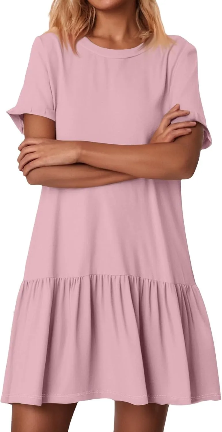 Tshirt Dress Women Summer Loose Short Sleeve Ruffle Drop Waist Short Dress with Pockets Cute Sunday Dresses