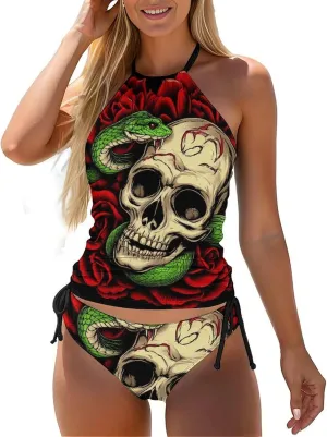 Two Piece Bathing Suit High Neck Slim Fit Tankini Tops Drawstring Side Tummy Control Swimsuit
