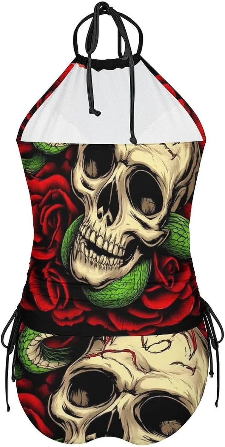 Two Piece Bathing Suit High Neck Slim Fit Tankini Tops Drawstring Side Tummy Control Swimsuit