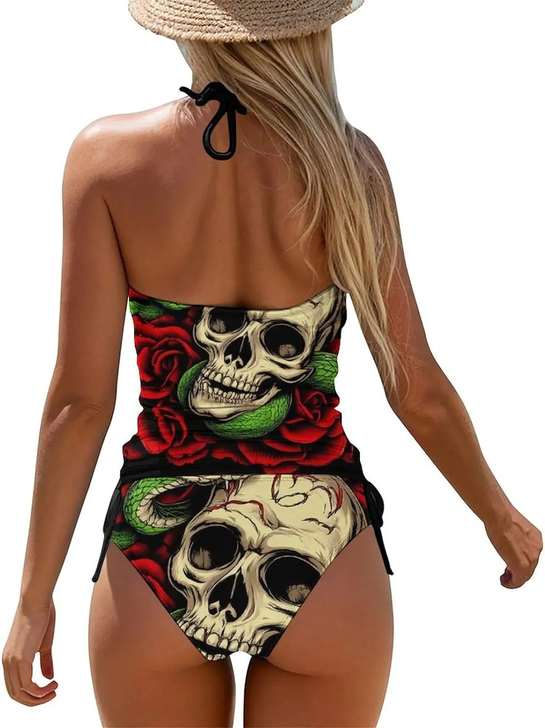 Two Piece Bathing Suit High Neck Slim Fit Tankini Tops Drawstring Side Tummy Control Swimsuit