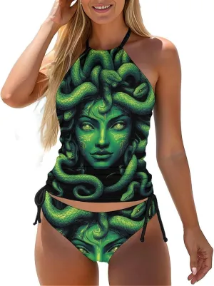 Two Piece Tankini Set for Women Halter Swimwear Bathing Suit High Neck Tummy Control Swimsuit
