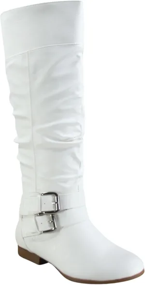 TZ Lily-20 Women's Knee High Riding Boots Low Flat Heel Winter Side Zip Buckles Boots Shoes