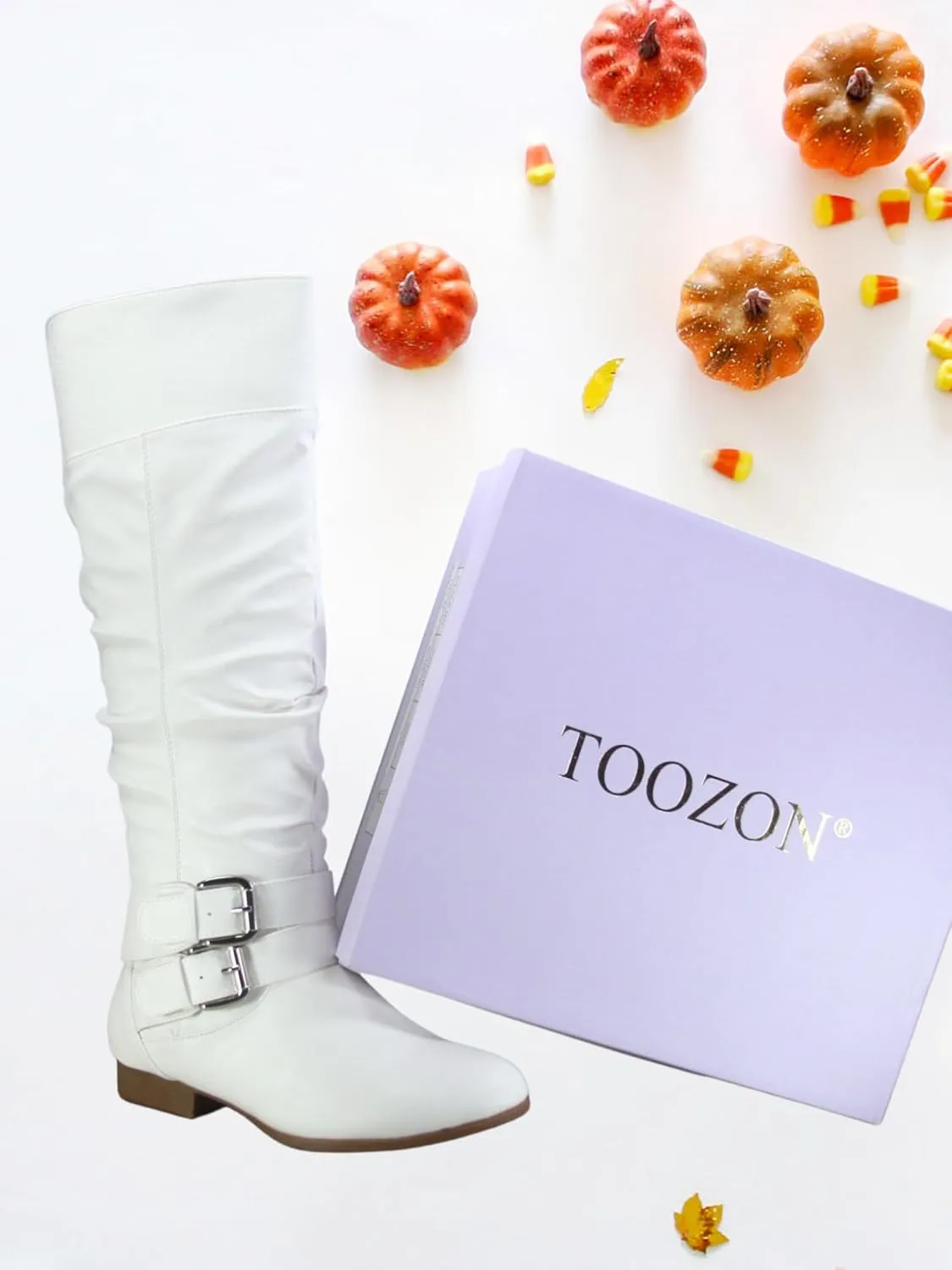 TZ Lily-20 Women's Knee High Riding Boots Low Flat Heel Winter Side Zip Buckles Boots Shoes