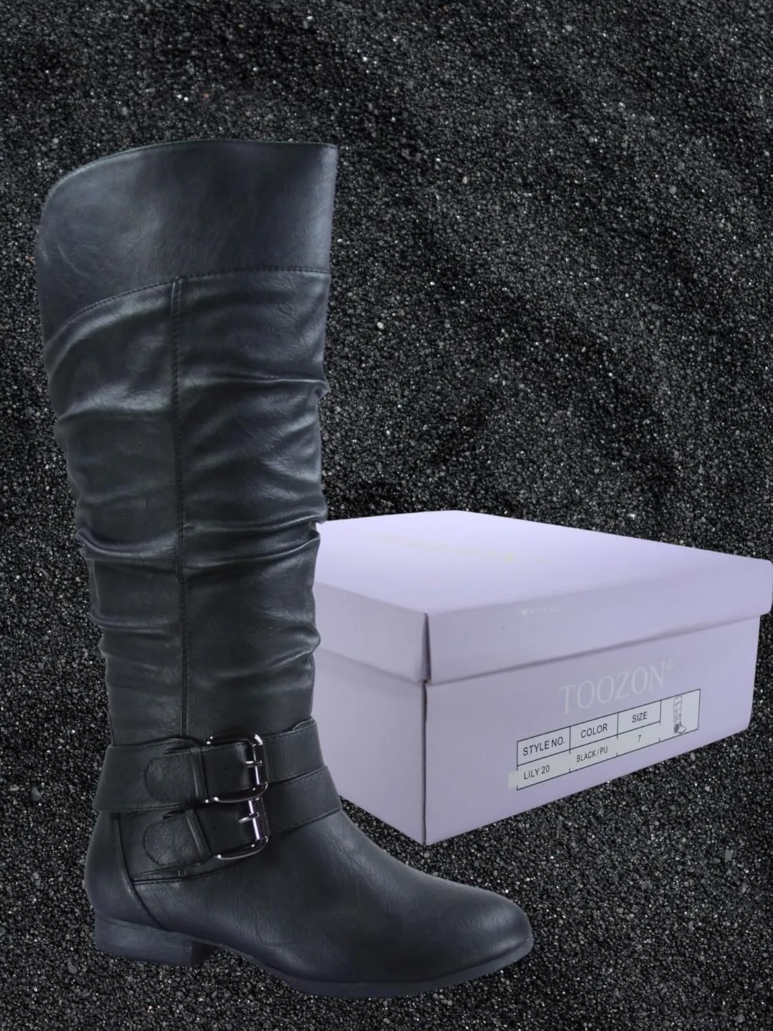 TZ Lily-20 Women's Knee High Riding Boots Low Flat Heel Winter Side Zip Buckles Boots Shoes