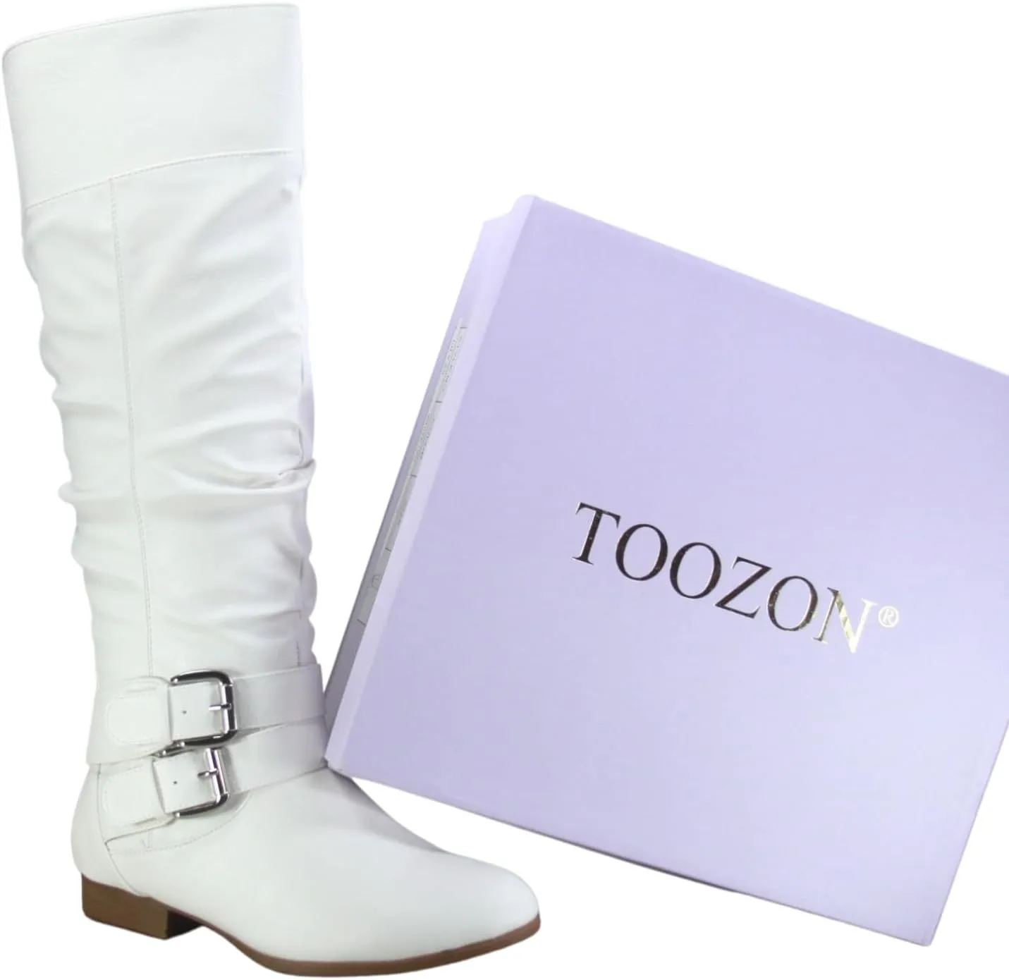 TZ Lily-20 Women's Knee High Riding Boots Low Flat Heel Winter Side Zip Buckles Boots Shoes