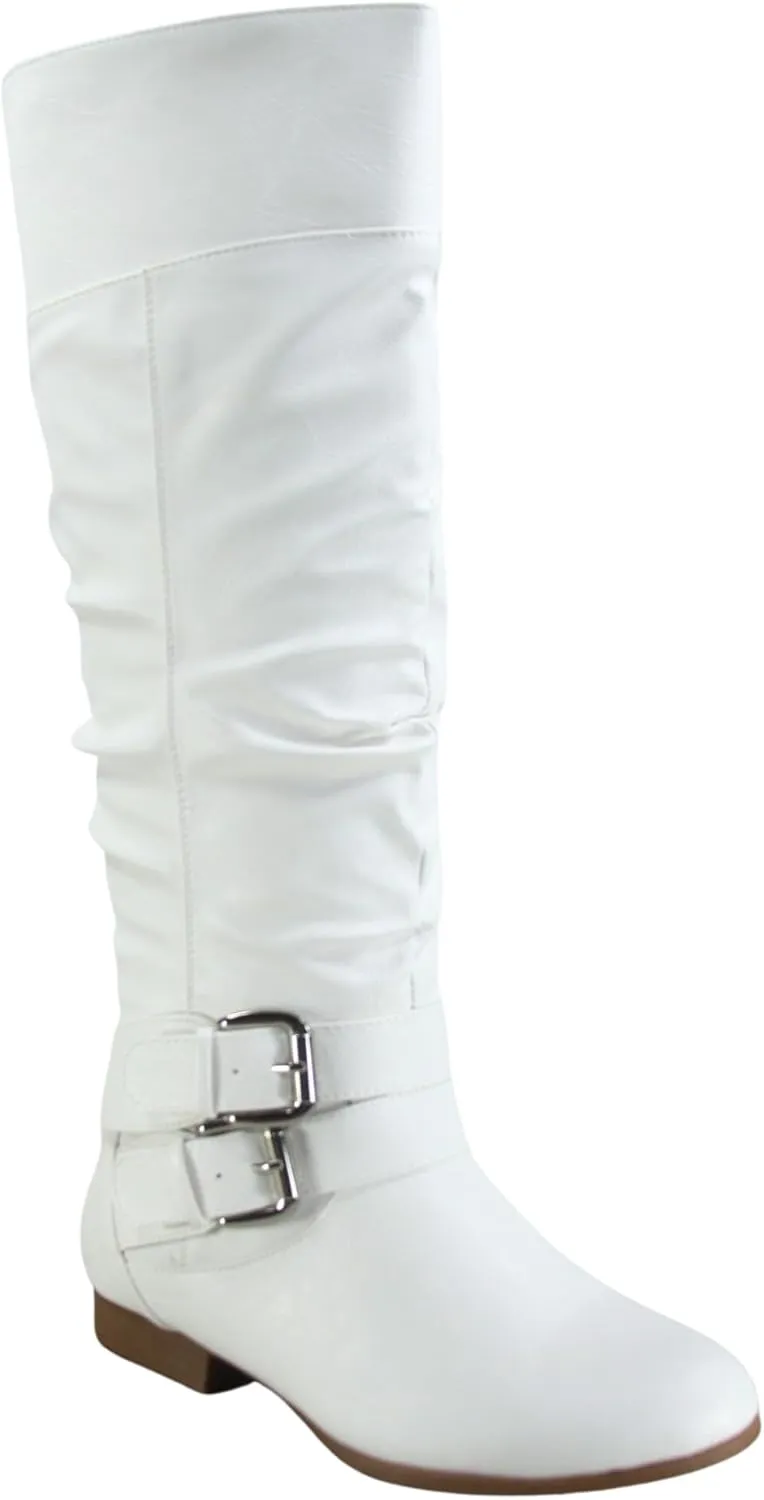 TZ Lily-20 Women's Knee High Riding Boots Low Flat Heel Winter Side Zip Buckles Boots Shoes