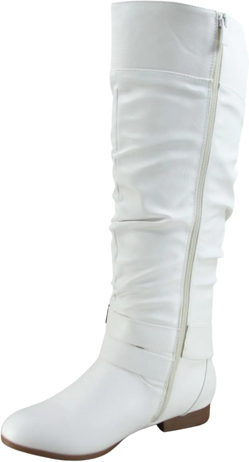 TZ Lily-20 Women's Knee High Riding Boots Low Flat Heel Winter Side Zip Buckles Boots Shoes