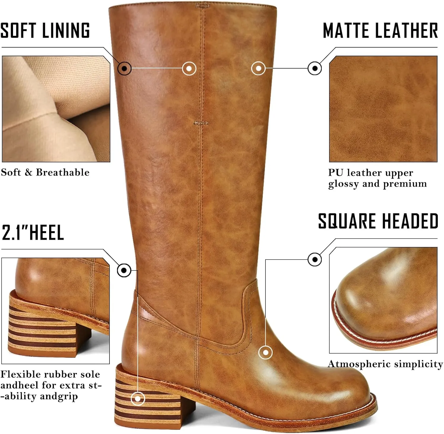 UBWDU Women's Knee High Boots Chunky Block Heel Long Boots Square Toe Low Heel Boots for Women
