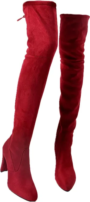 UOQAPRE Women's Over The Knee Thigh Low Chunky Heel Boots,Round-Toe Side Zip Long Boots Platform Chunky Heel Bootie for Women