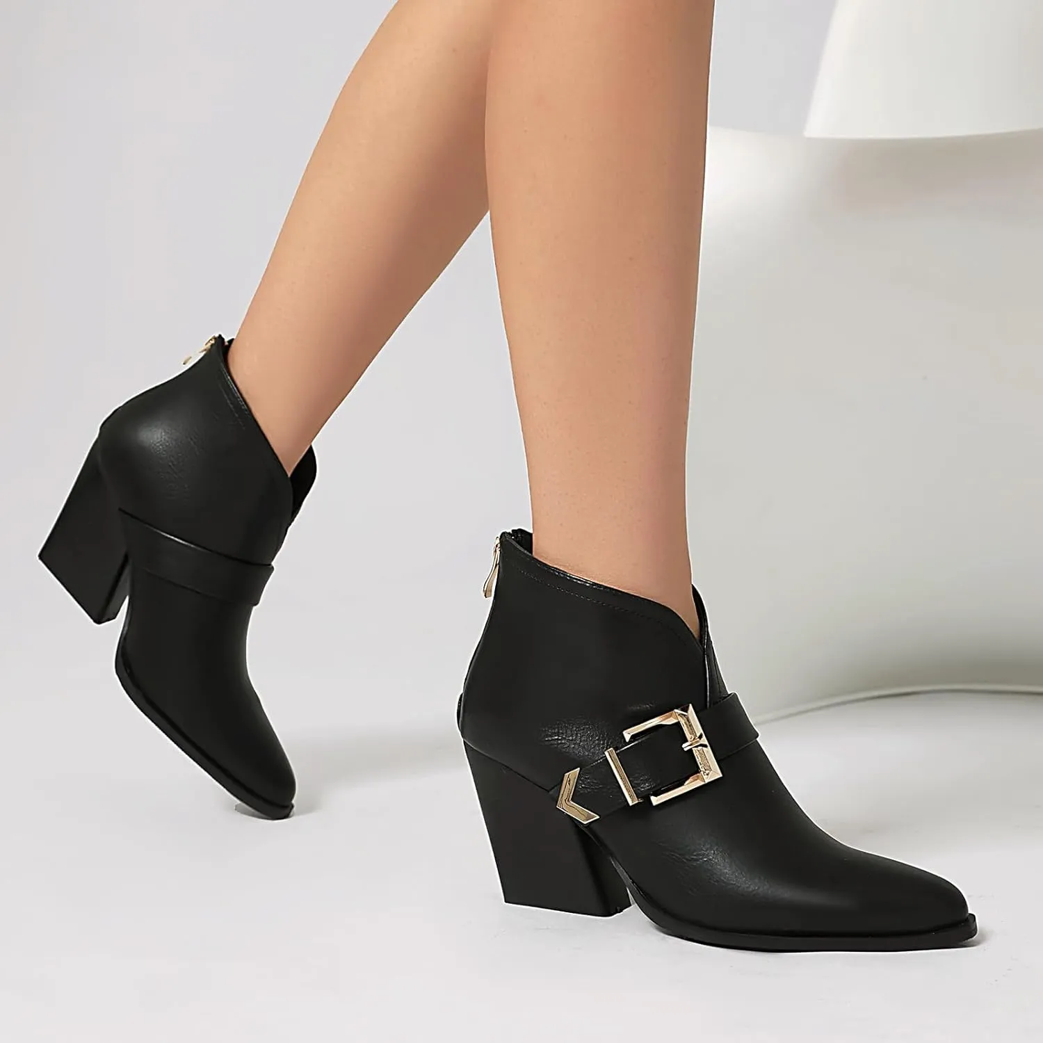 UTIKLIOU Women's Ankle Boots Pointed Toe Chunky High Heel Boots Zipper Faux Leather Winter Booties Short Boots