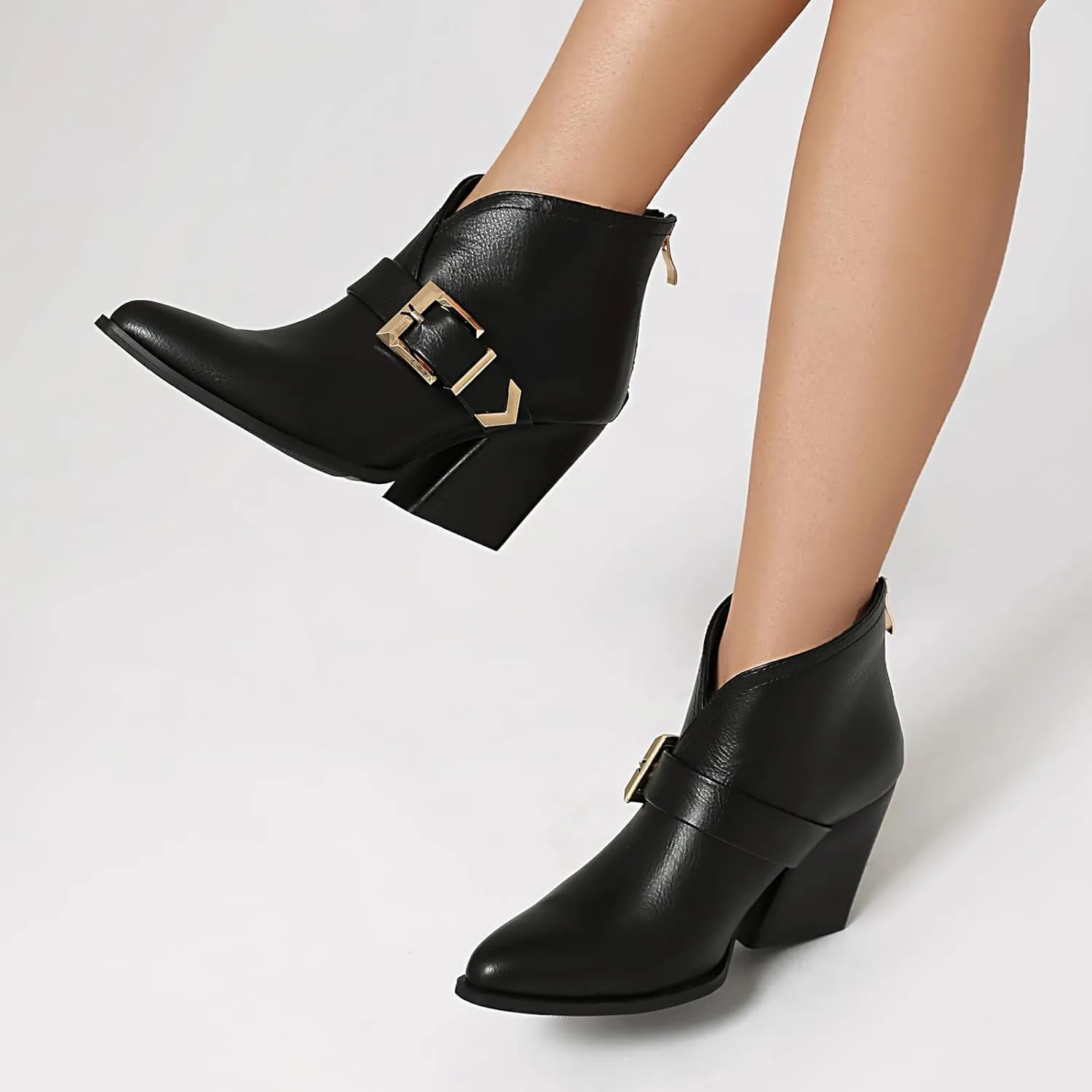 UTIKLIOU Women's Ankle Boots Pointed Toe Chunky High Heel Boots Zipper Faux Leather Winter Booties Short Boots