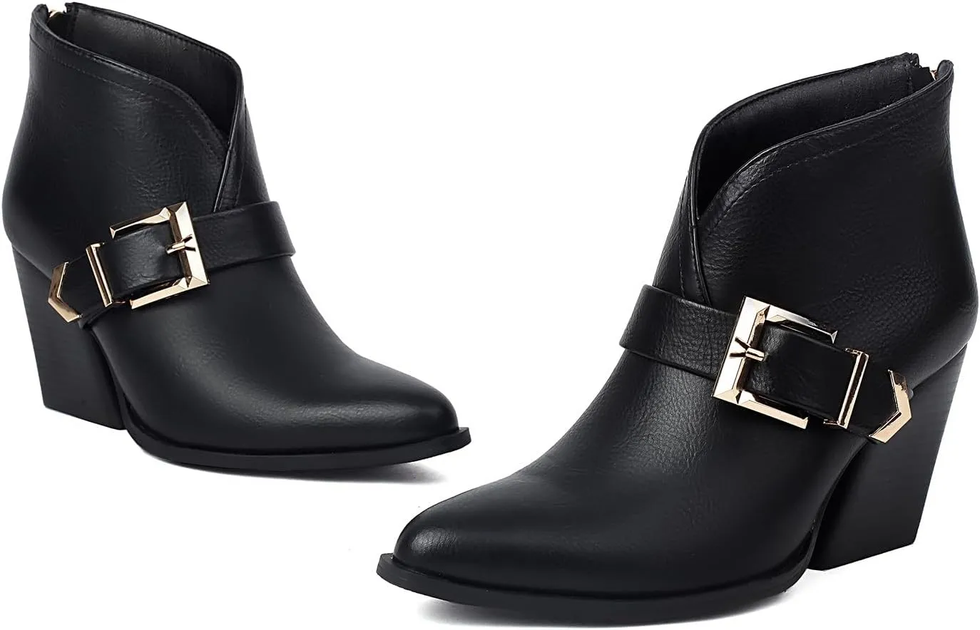 UTIKLIOU Women's Ankle Boots Pointed Toe Chunky High Heel Boots Zipper Faux Leather Winter Booties Short Boots