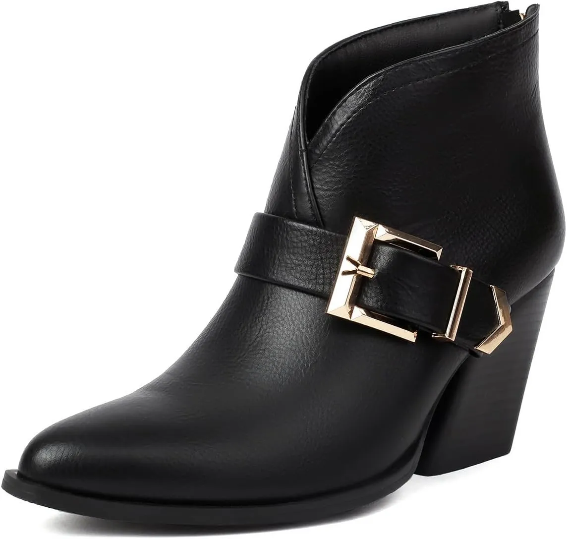 UTIKLIOU Women's Ankle Boots Pointed Toe Chunky High Heel Boots Zipper Faux Leather Winter Booties Short Boots