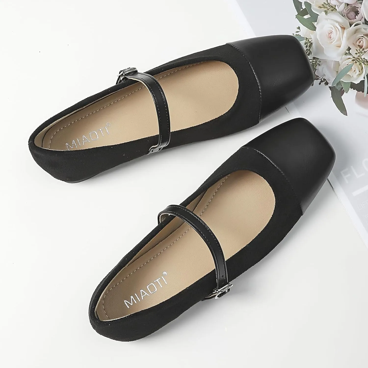 UZUJBAA Women's Suede Mary Jane Flats Buckle Square Cap Toe Ballet Flats Classy Dressy Comfortable Slip on Flats Soft Work Casual Flat Shoes