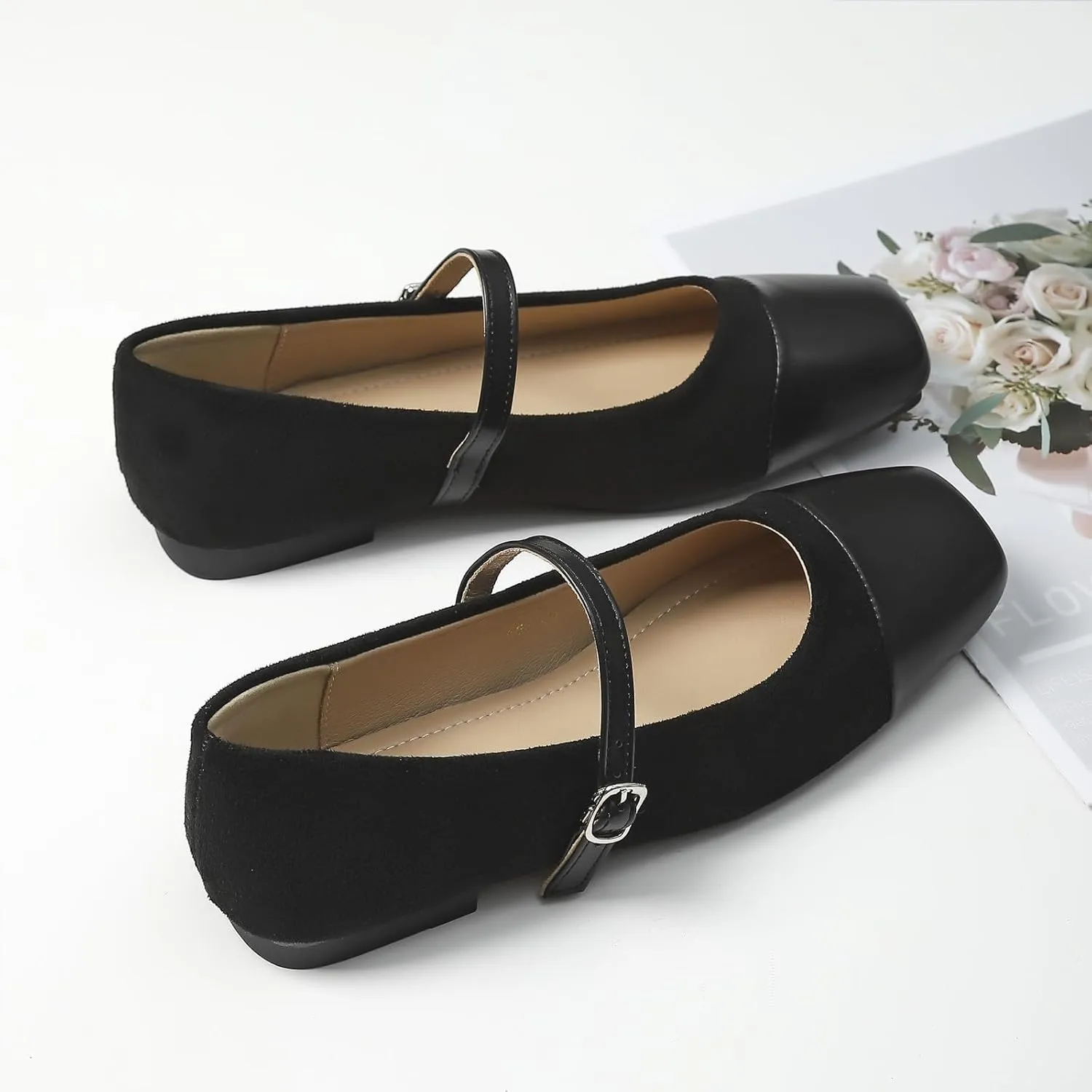 UZUJBAA Women's Suede Mary Jane Flats Buckle Square Cap Toe Ballet Flats Classy Dressy Comfortable Slip on Flats Soft Work Casual Flat Shoes