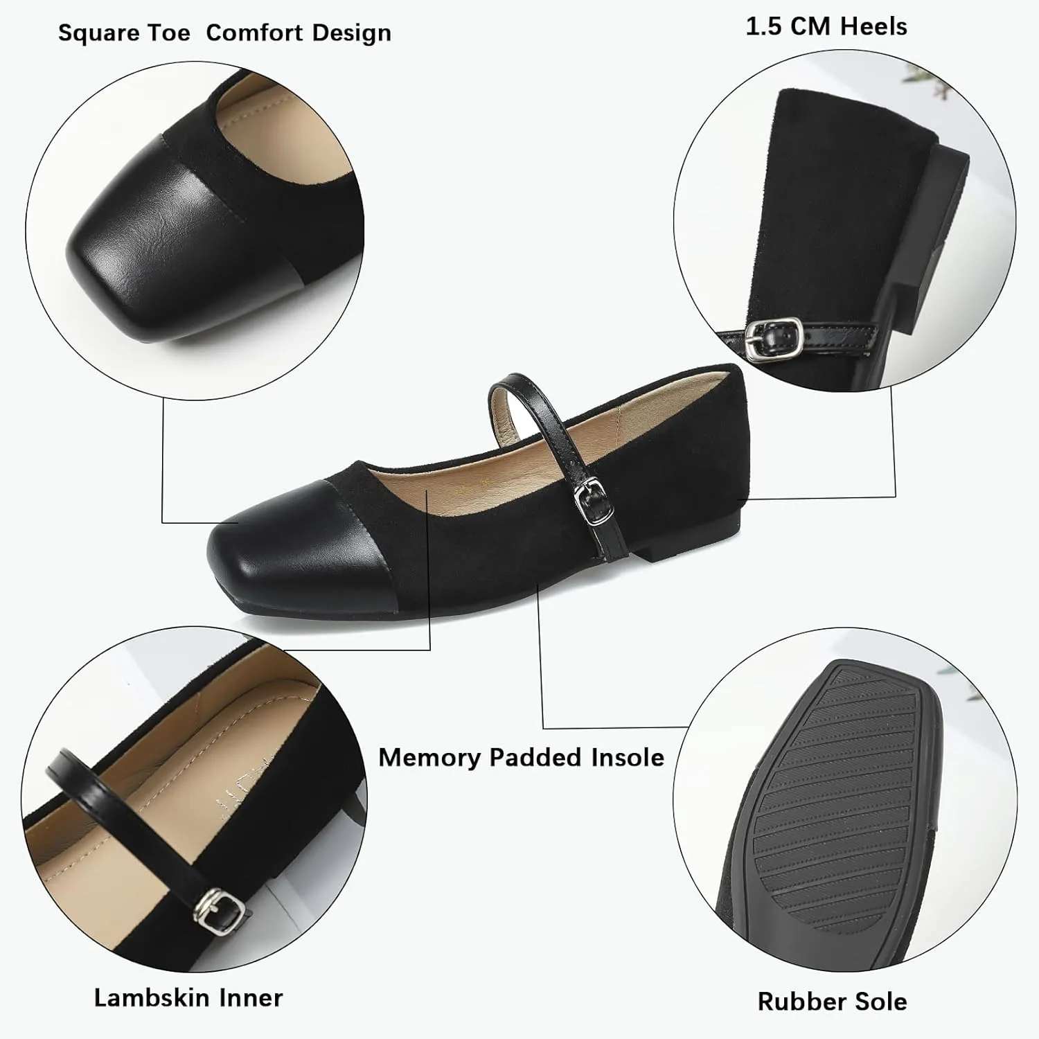 UZUJBAA Women's Suede Mary Jane Flats Buckle Square Cap Toe Ballet Flats Classy Dressy Comfortable Slip on Flats Soft Work Casual Flat Shoes