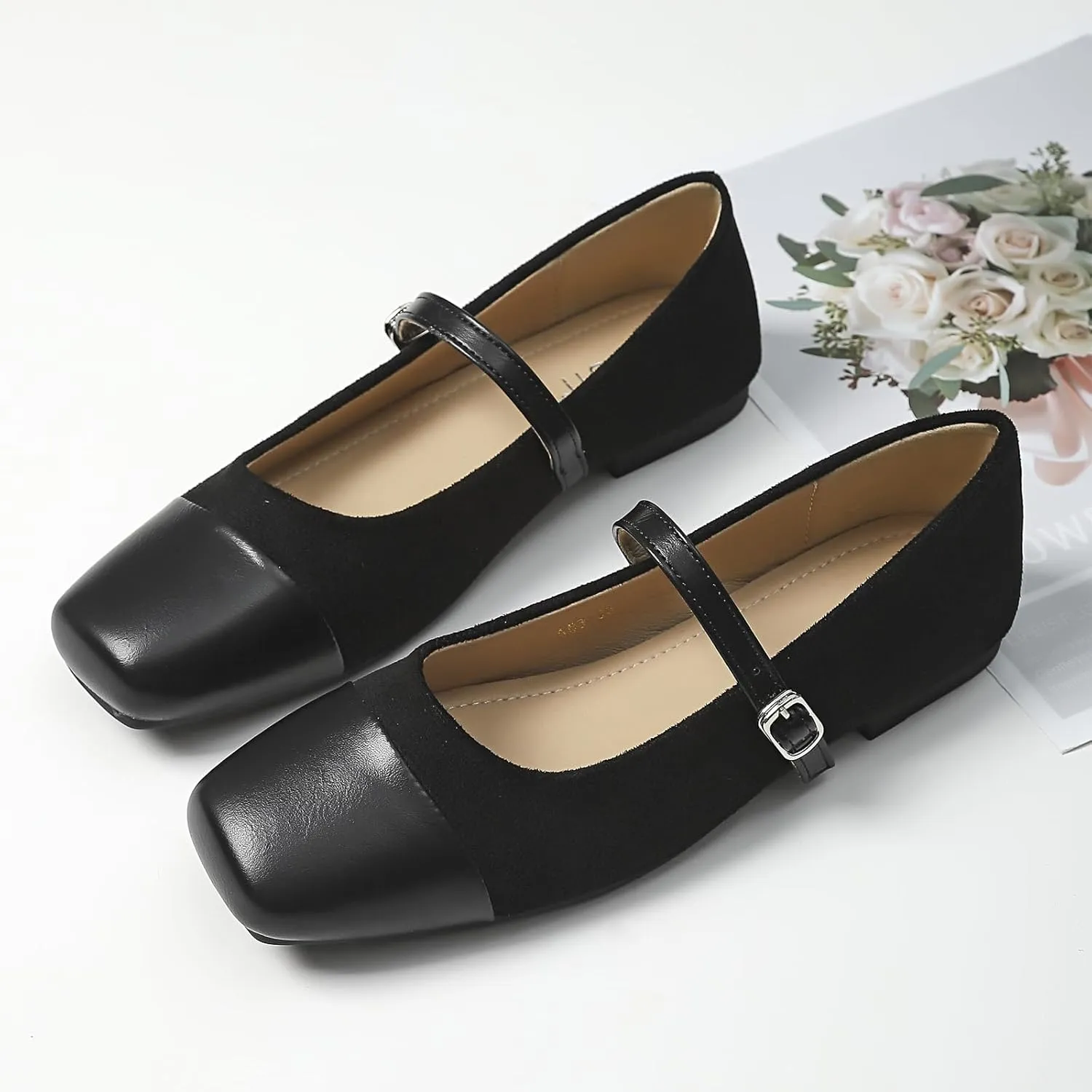 UZUJBAA Women's Suede Mary Jane Flats Buckle Square Cap Toe Ballet Flats Classy Dressy Comfortable Slip on Flats Soft Work Casual Flat Shoes