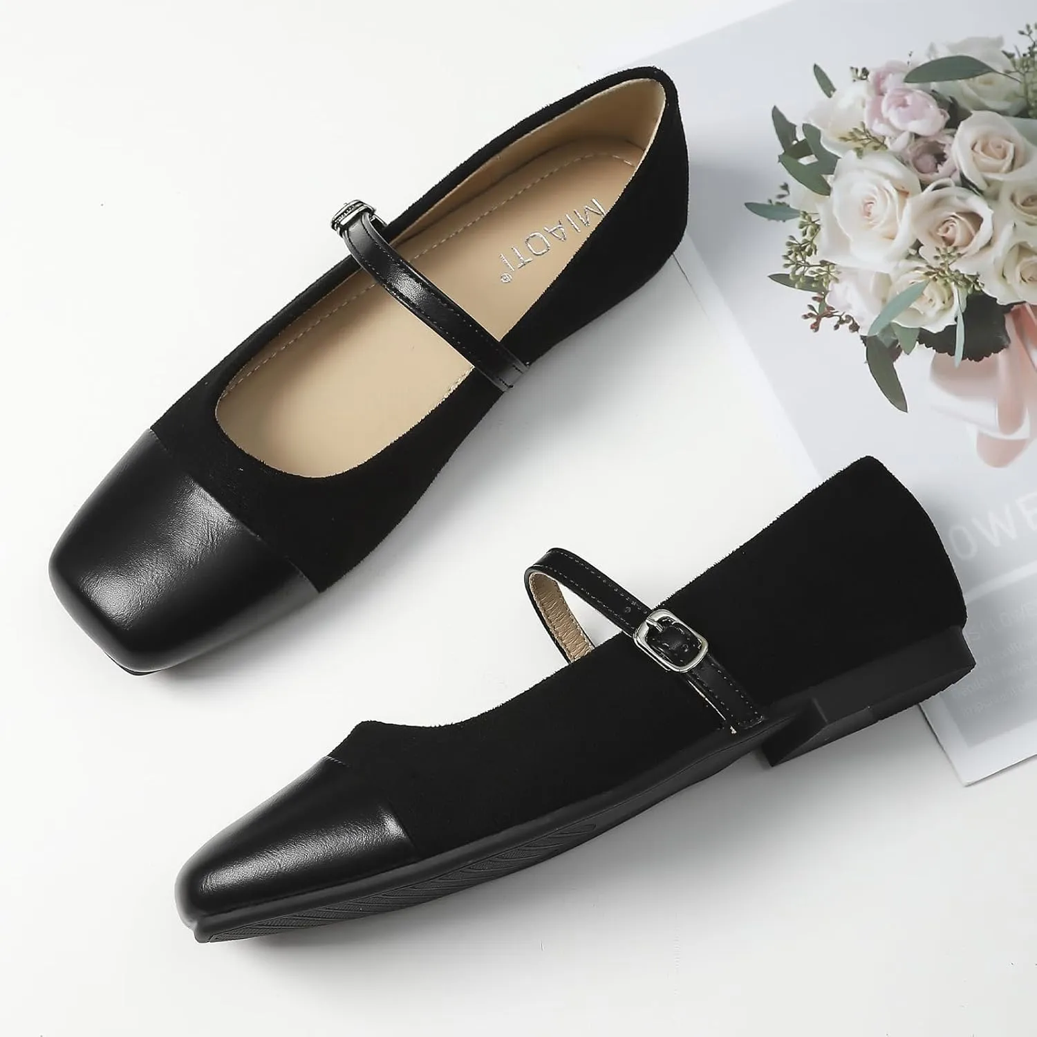 UZUJBAA Women's Suede Mary Jane Flats Buckle Square Cap Toe Ballet Flats Classy Dressy Comfortable Slip on Flats Soft Work Casual Flat Shoes