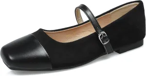 UZUJBAA Women's Suede Mary Jane Flats Buckle Square Cap Toe Ballet Flats Classy Dressy Comfortable Slip on Flats Soft Work Casual Flat Shoes