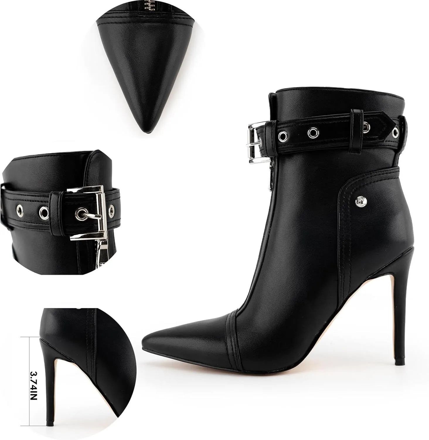 VARECOLA Women Pointed Toe Black Boots Front Zipper Ankle Boots Stiletto Heel Buckle Strap Short Booties Sexy Nightclub Boos for Lady