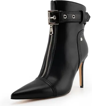 VARECOLA Women Pointed Toe Black Boots Front Zipper Ankle Boots Stiletto Heel Buckle Strap Short Booties Sexy Nightclub Boos for Lady