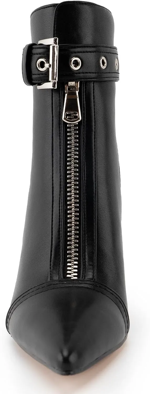 VARECOLA Women Pointed Toe Black Boots Front Zipper Ankle Boots Stiletto Heel Buckle Strap Short Booties Sexy Nightclub Boos for Lady