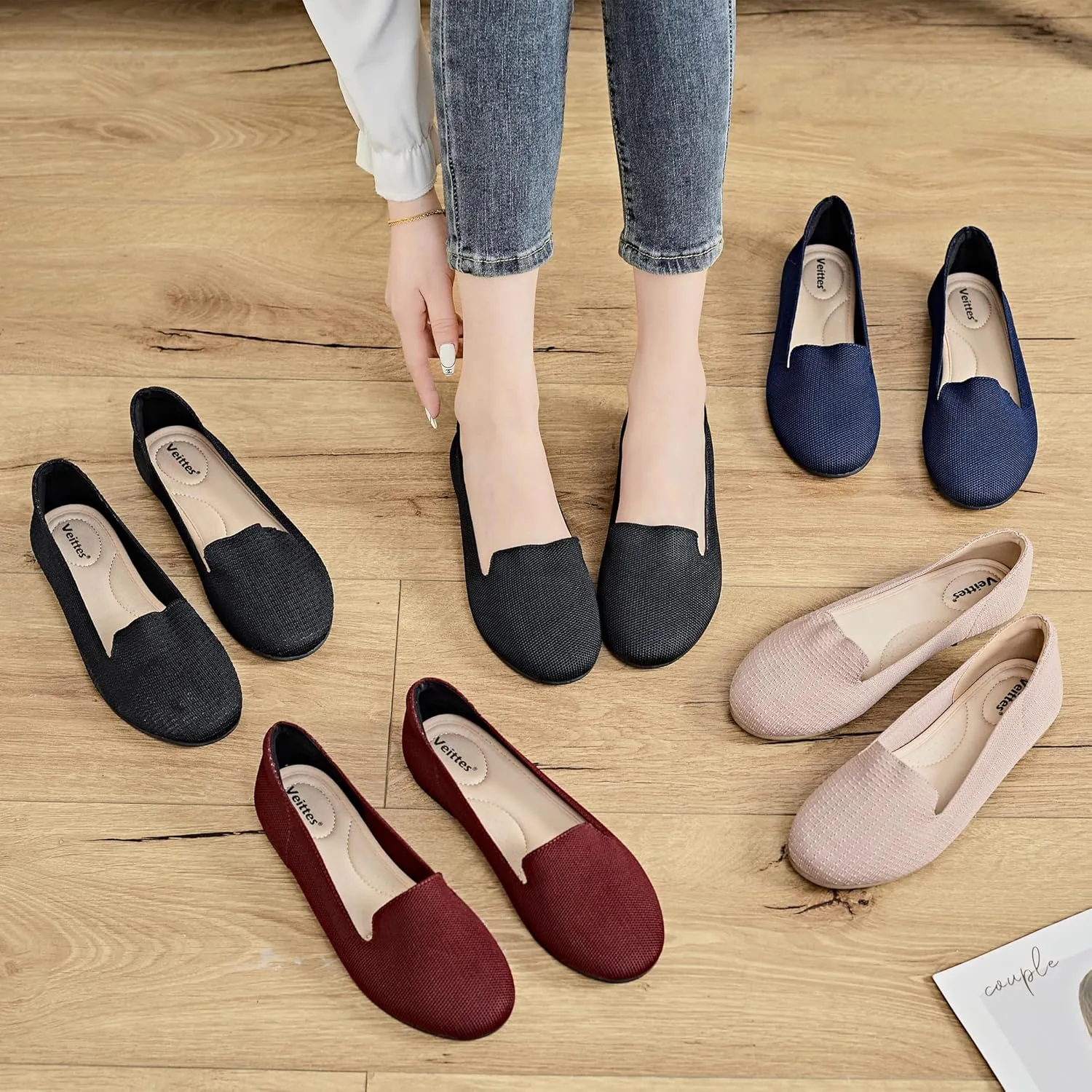 Veittes Women's Wide Width Flats Shoes, Comfort Elegent Soft Ladies Knitted Ballet Shoes.
