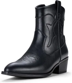 Vepose Women's 9816 Cowboy Boots Ankle Western Short Cowgirl Embroidered Round Toe Low Heel Booties with Side Zipper