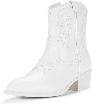 Vepose Women's 9816 Cowboy Boots Ankle Western Short Cowgirl Embroidered Round Toe Low Heel Booties with Side Zipper